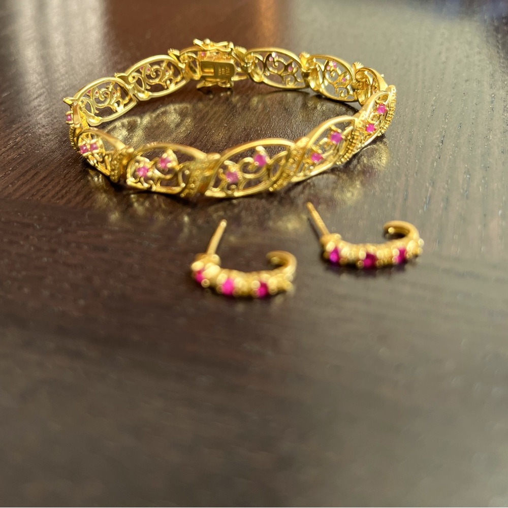 Natural ruby bracelet and earrings (studded with small micro diamonds)